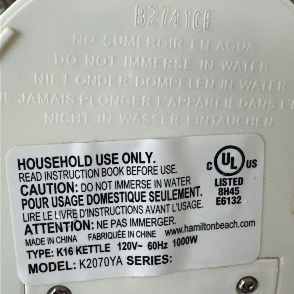 Proctor Silex ELECTRIC WATER KETTLE SAFETY HEATER 1 Liter 6C 1000W White K2070Y